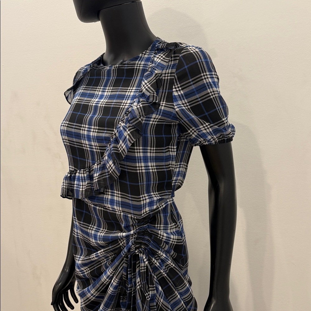 MAJE Plaid Tartan Ruched Ruffle Midi Dress Size 2 NEW